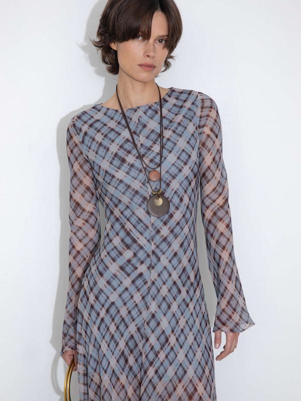 Cubic Checkered Crew Neck Long Sleeve Dress Blue