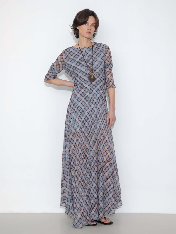 cubic Checkered Crew Neck Long Sleeve Dress Blue