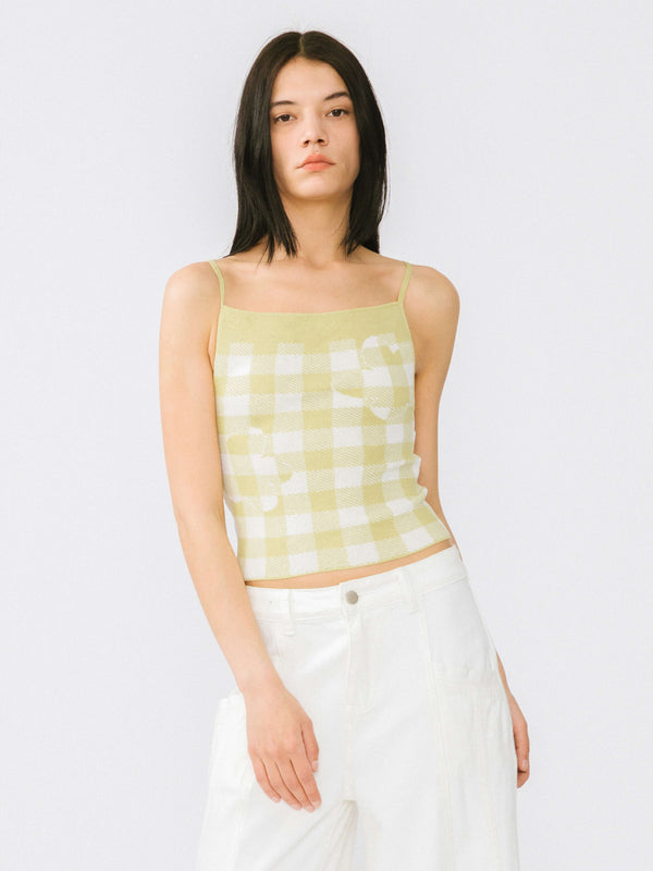 cubic Checkered Knit Camisole top Black