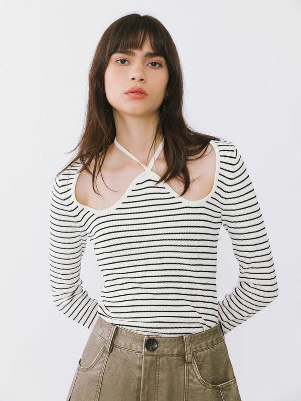 Cubic Chest Cut Out Striped Long Sleeve Top Black