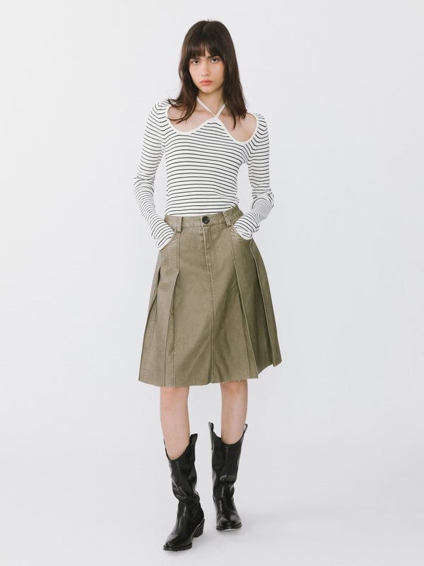 Cubic Chest Cut Out Striped Long Sleeve Top Black