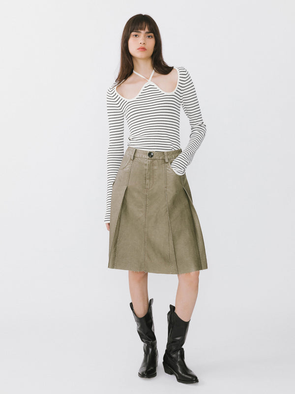 Cubic Chest Cut Out Striped Long Sleeve Top Black