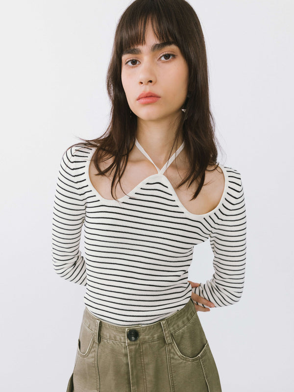 cubic Chest Cut Out Striped Long Sleeve Top Black