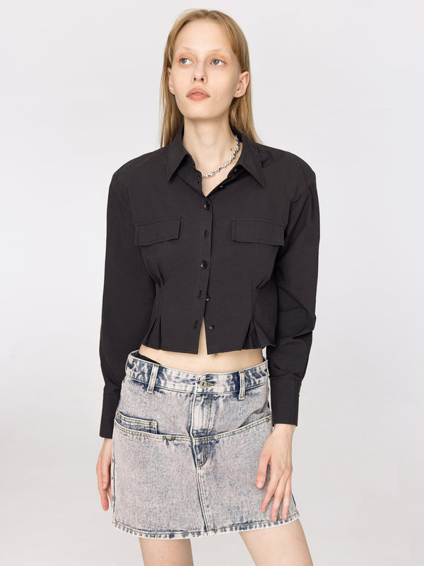 cubic Cinched Waist Cropped Shirt Black
