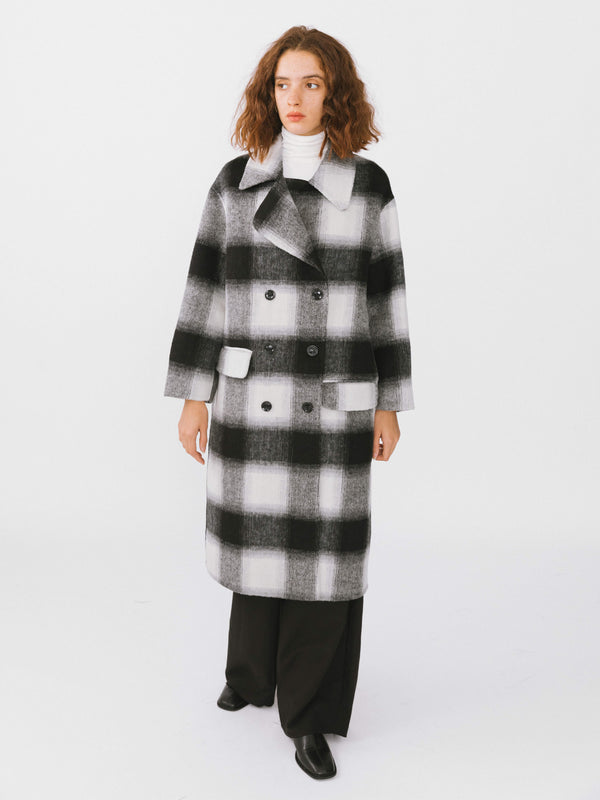 Cubic Classic Check Long Wool Coat Black