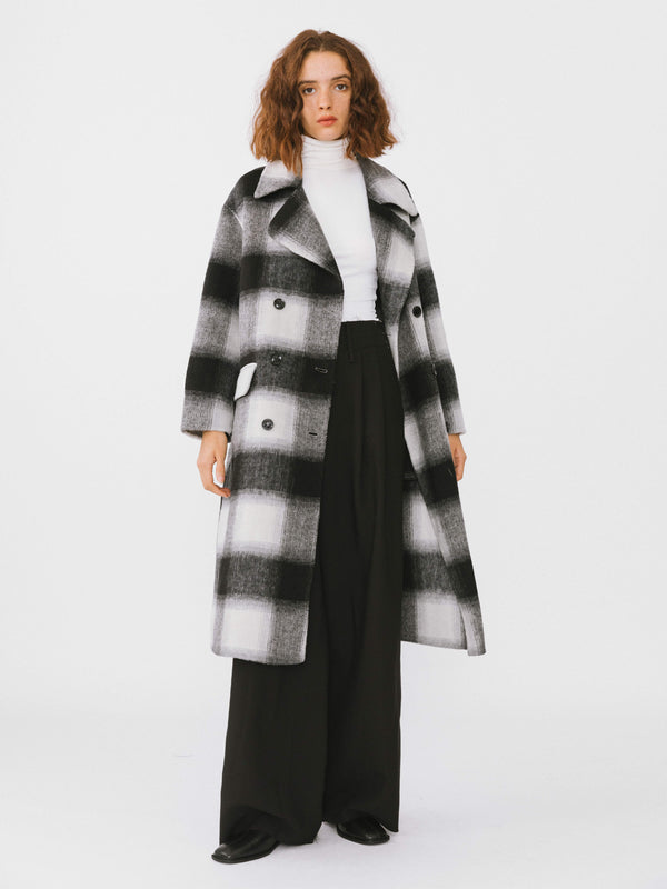 Cubic Classic Check Long Wool Coat Black