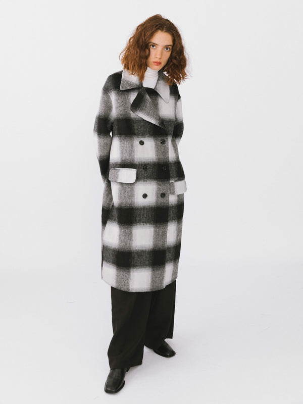cubic Classic Check Long Wool Coat Black