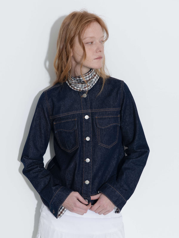 Cubic Color-Block High-Neck Denim Jacket Navy