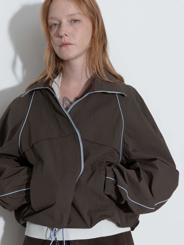 Cubic Color-Block Zipper Short Jacket Coffee