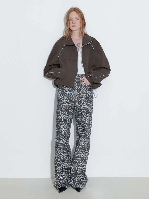 Cubic Color-Block Zipper Short Jacket Coffee