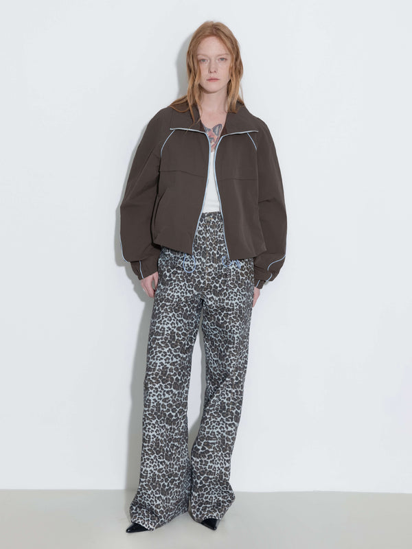 Cubic Color-Block Zipper Short Jacket Coffee