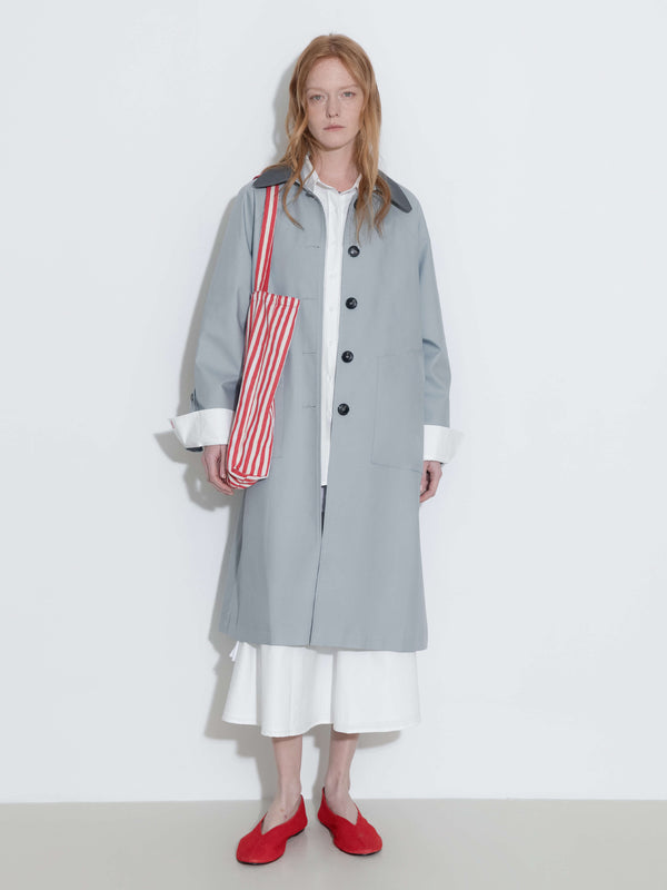 Cubic Color-Blocked Collar Long Trench Coat Beige