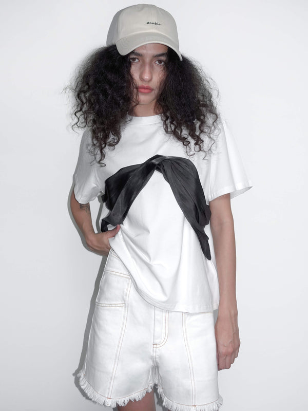 cubic Contrast Color 3D Bow Casual T-shirt Black