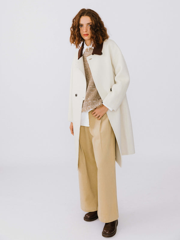 Cubic Contrast Coloured Collar Wool Coat Cream