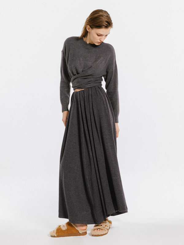 Cubic Crew Neck Front Tie Knit Sweater Grey