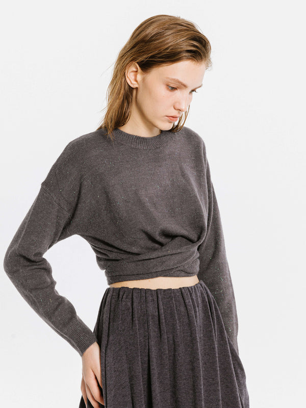Cubic Crew Neck Front Tie Knit Sweater Grey