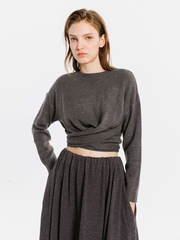 cubic Crew Neck Front Tie Knit Sweater Grey