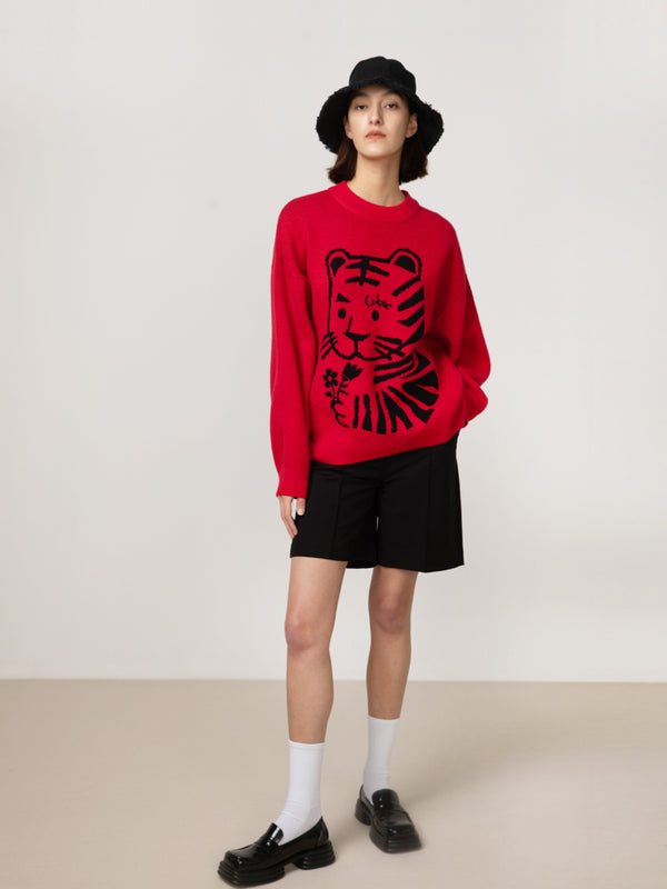 Cubic Crew Neck Tiger Jacquard Knit Sweater Red