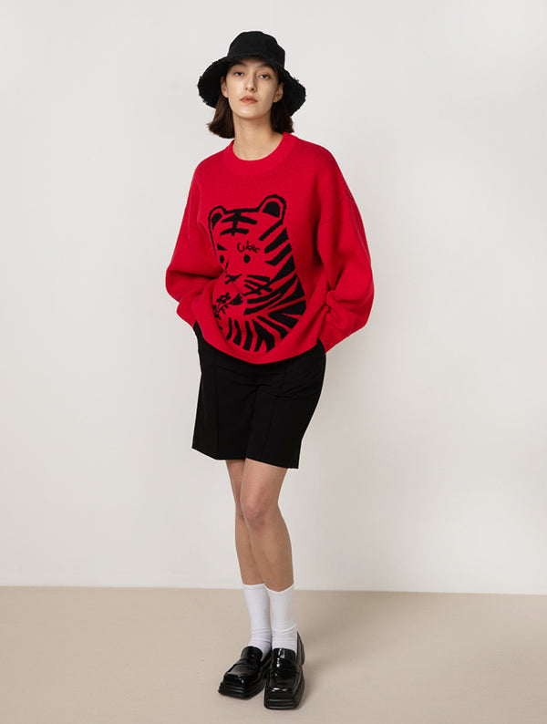 Cubic Crew Neck Tiger Jacquard Knit Sweater Red
