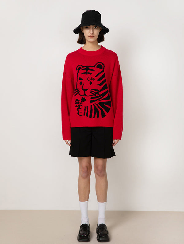 Cubic Crew Neck Tiger Jacquard Knit Sweater Red