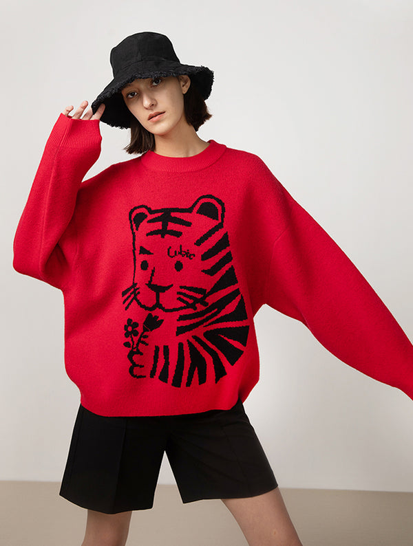 cubic Crew Neck Tiger Jacquard Knit Sweater Red