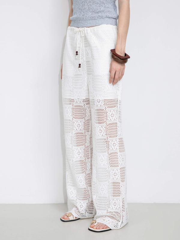 Cubic Crochet Knit Hollow-Out Trousers White