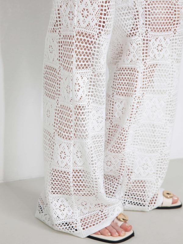 Cubic Crochet Knit Hollow-Out Trousers White