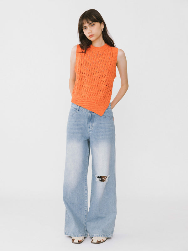 Cubic Cropped Asymmetric Knit Vest Light Gray