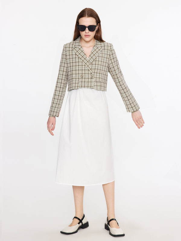 Cubic Cropped Checked Blazer Khaki