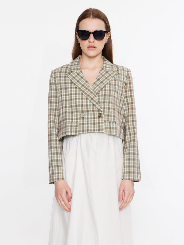 cubic Cropped Checked Blazer Khaki