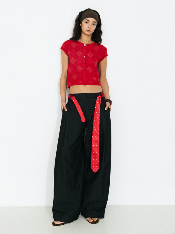 cubic Cropped Knit Short-Sleeve Cardigan Red