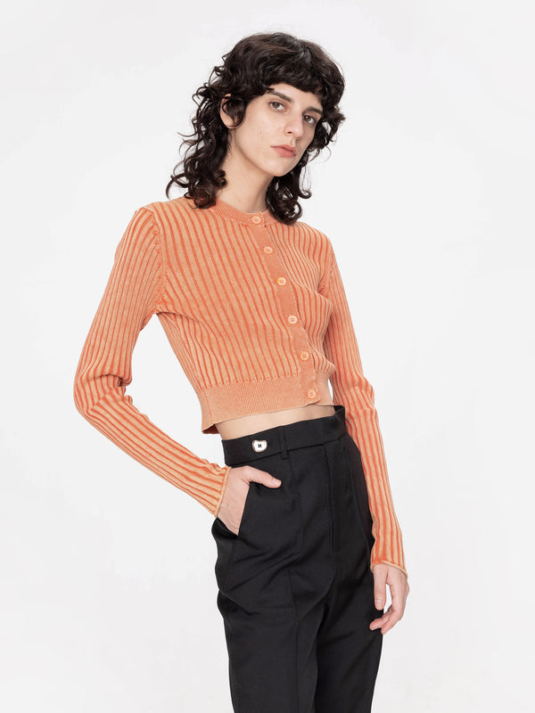 Cubic Cropped Ribbed Knit Cardigan Orange