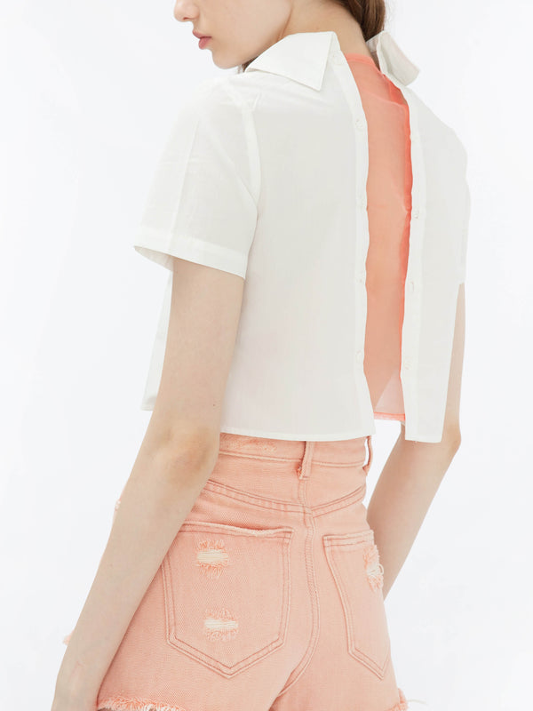Cubic Cropped Shirt With Sheer Red Back White