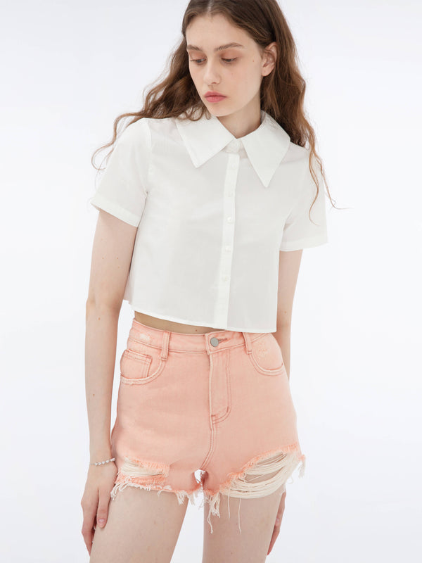 Cubic Cropped Shirt With Sheer Red Back White