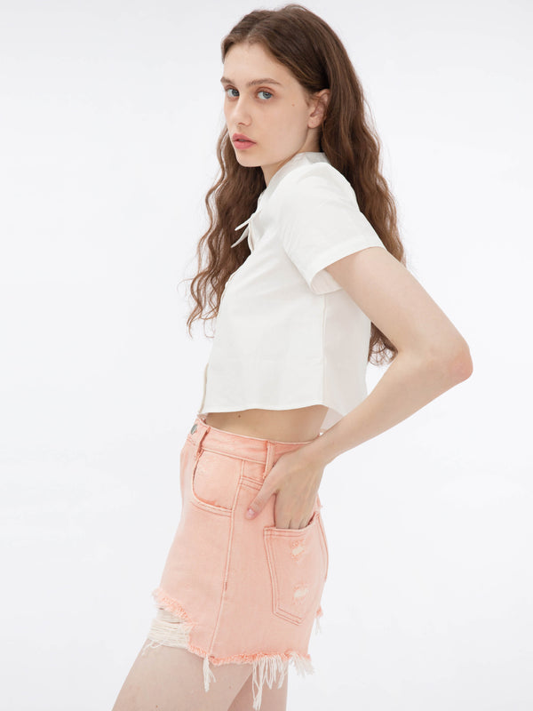 Cubic Cropped Shirt With Sheer Red Back White