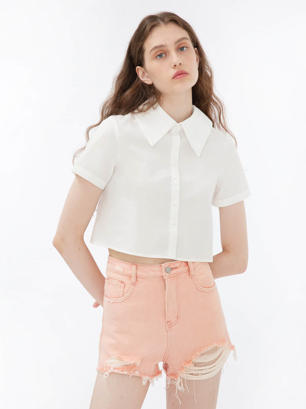cubic Cropped Shirt with Sheer Red Back White