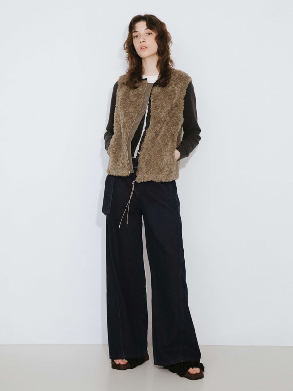 cubic Cropped Sleeveless Zip Up Waistcoat Tan