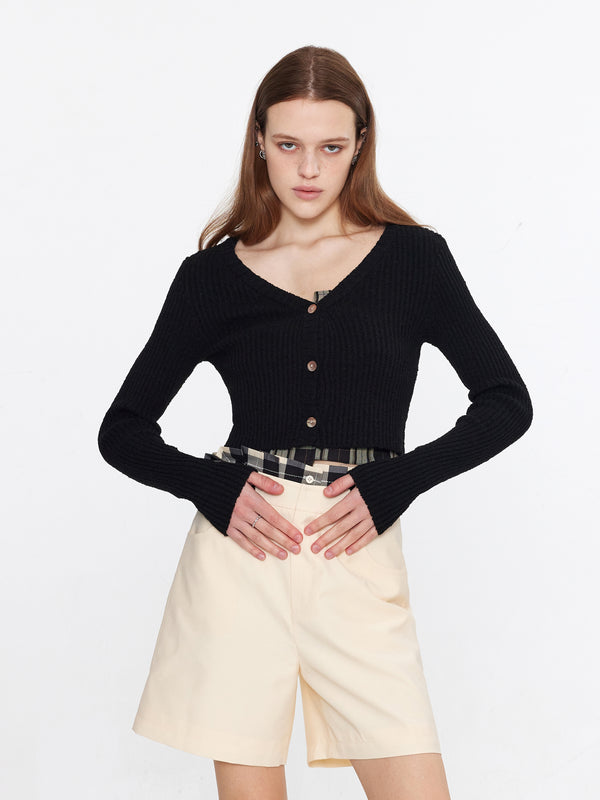cubic Cropped V-neck Rib Knit Cardigan Black