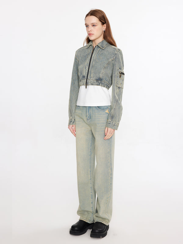 Cubic Cropped Zip Up Denim Jacket Blue