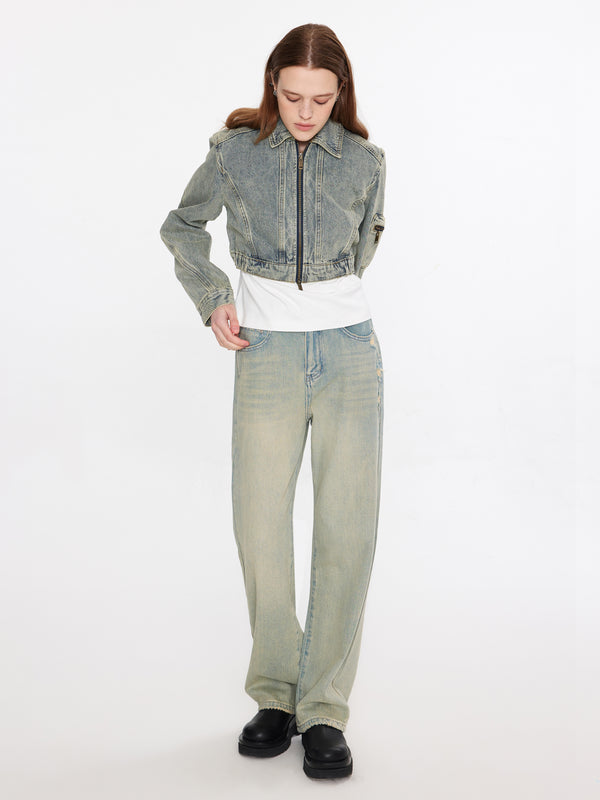 Cubic Cropped Zip Up Denim Jacket Blue