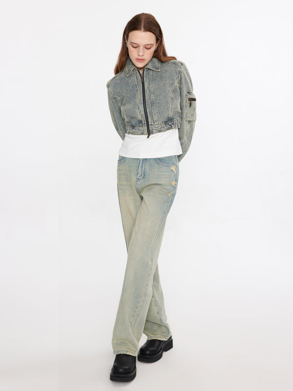 Cubic Cropped Zip Up Denim Jacket Blue