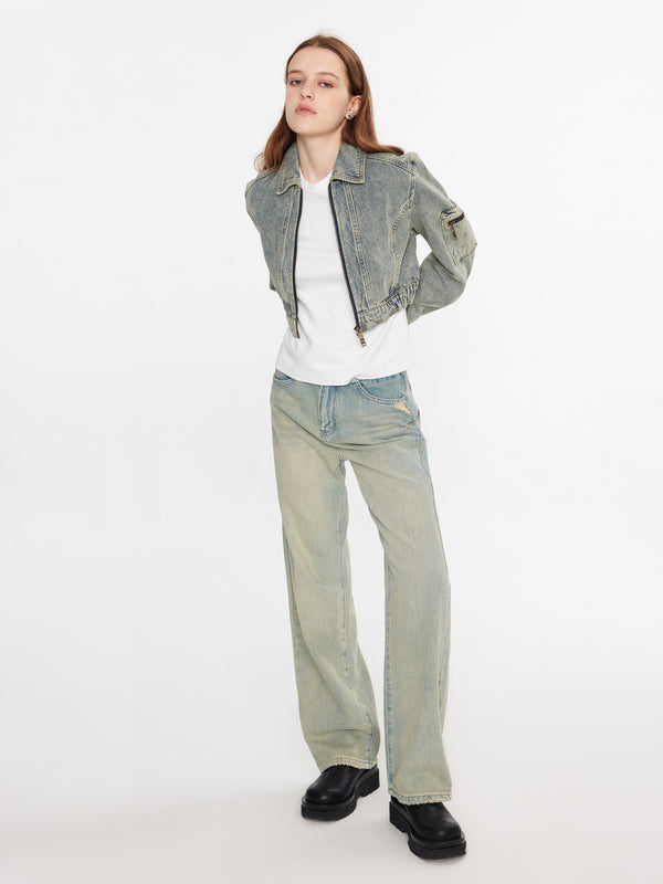 cubic Cropped Zip Up Denim Jacket Blue