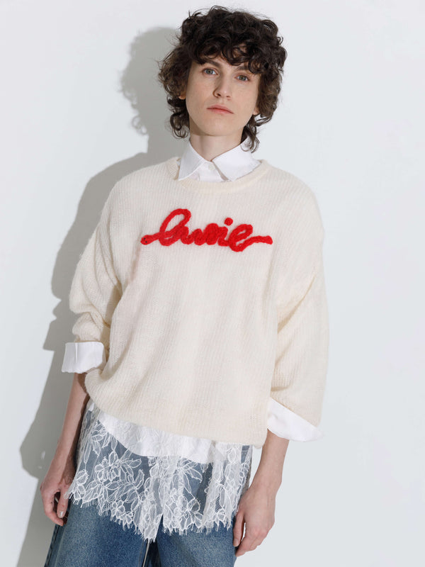 Cubic "CUBIC" Embroidered Crewneck Sweater Beige