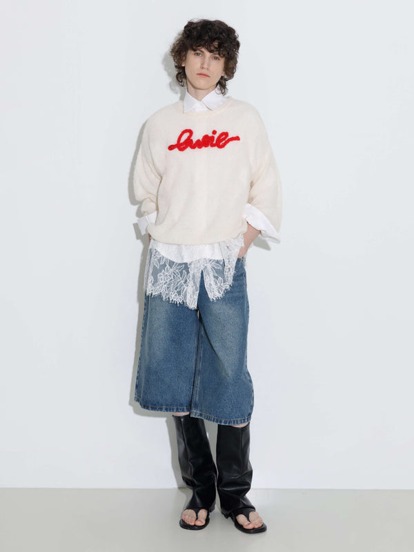 Cubic "CUBIC" Embroidered Crewneck Sweater Beige