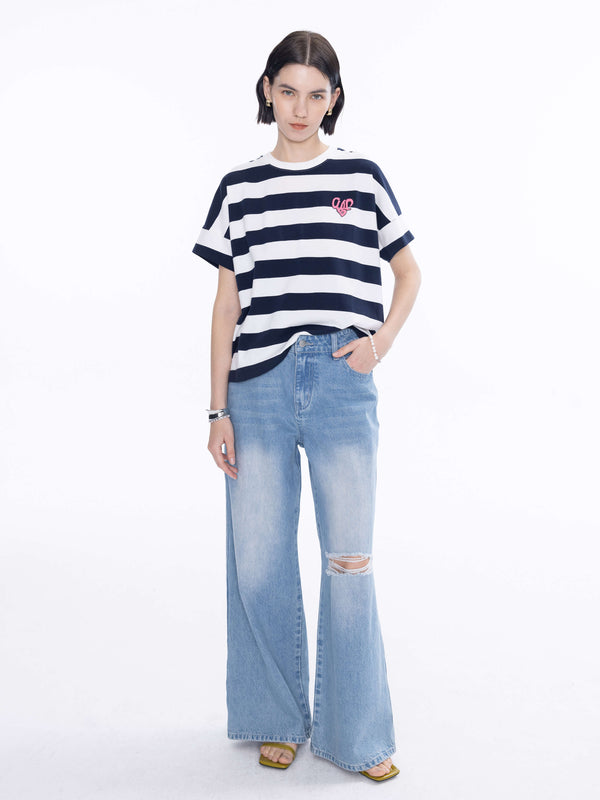 Cubic CUBIC Heart Oversized Striped T-Shirt Pink