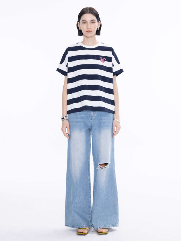 Cubic CUBIC Heart Oversized Striped T-Shirt Pink