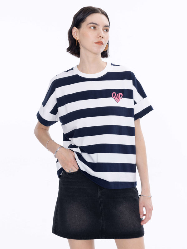 cubic CUBIC Heart Oversized Striped T-Shirt Pink