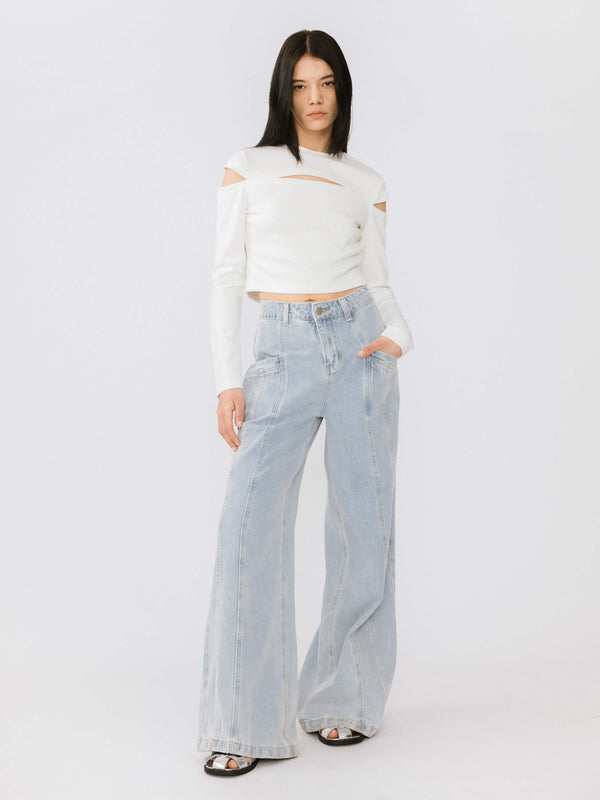 Cubic Cut Out Long Sleeve Crop Top Black