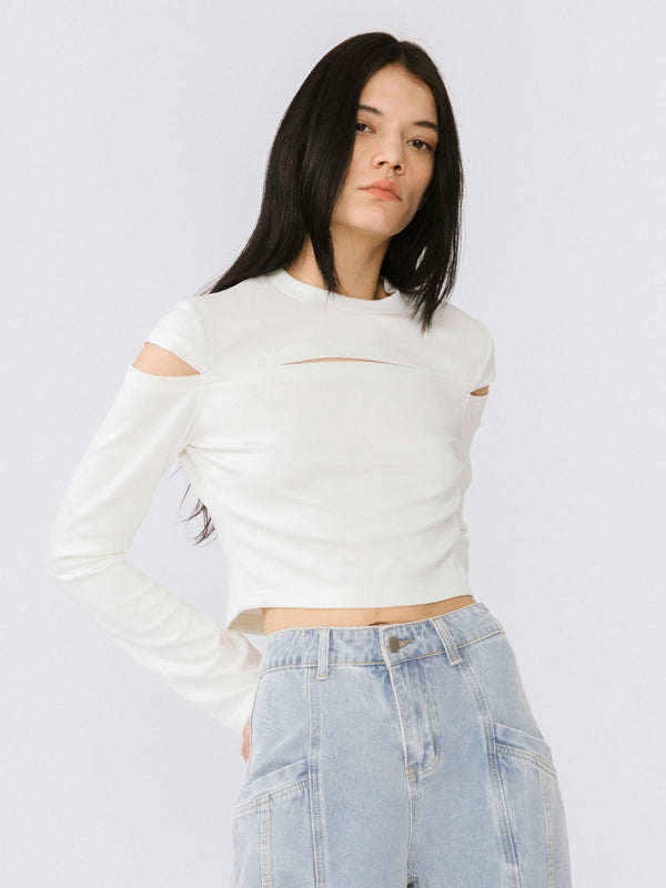 Cubic Cut Out Long Sleeve Crop Top Black