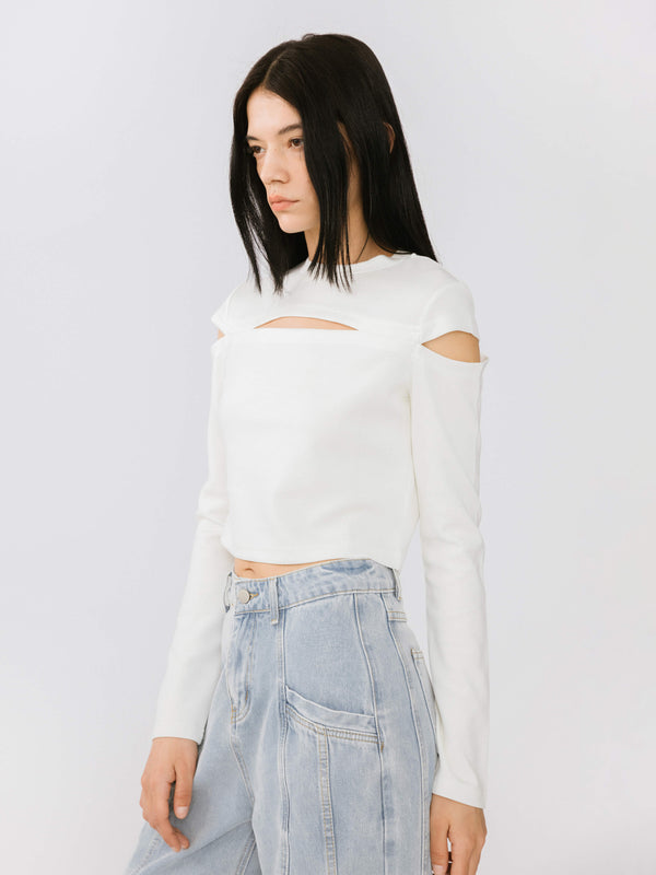 Cubic Cut Out Long Sleeve Crop Top Black